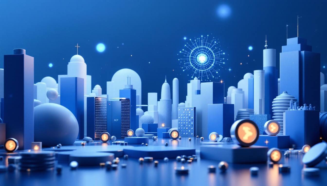 A 3D illustration depicting RLUSD stablecoin's impact on XRP, featuring an elegant urban skyline.