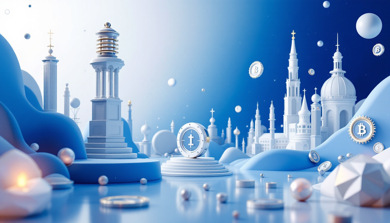 3D illustration of cybersecurity theme featuring blue gradient, urban skyline, and symbolic objects.