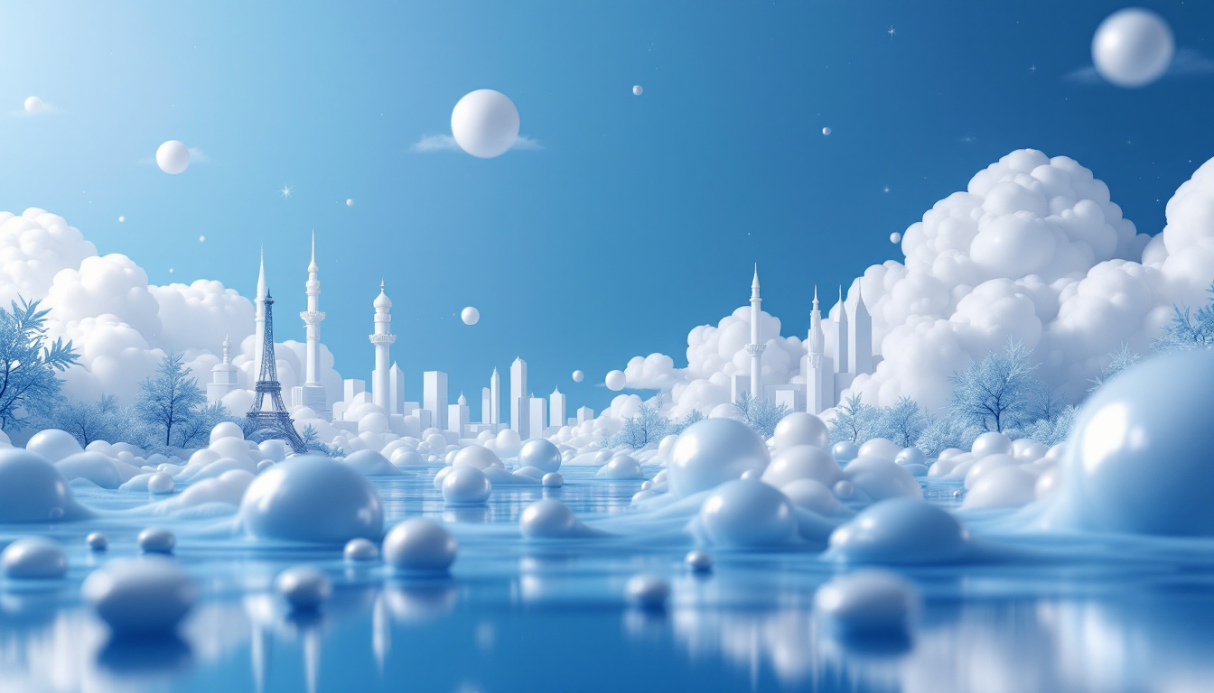 3D illustration of XRP market dynamics, with whale activity against a blue-white gradient skyline.