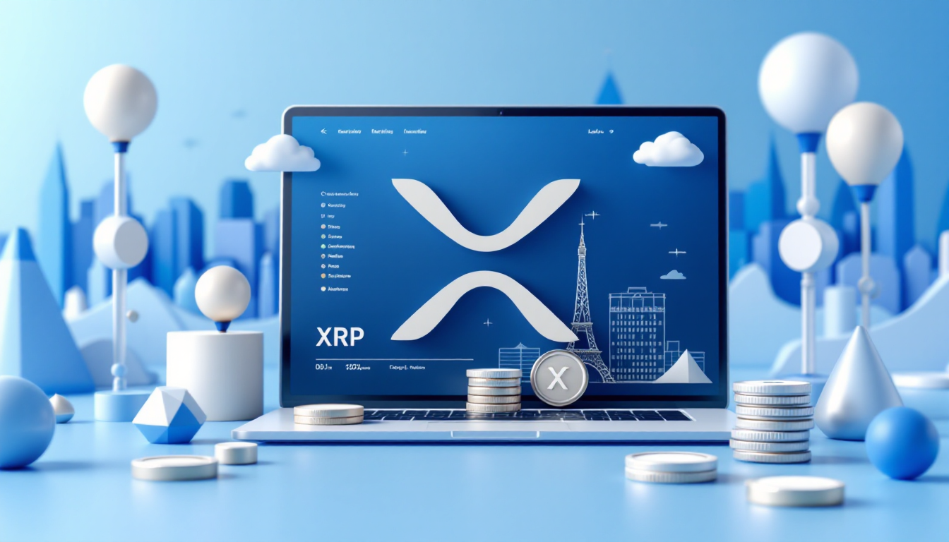 A detailed 3D illustration of buying XRP in Germany, featuring a blue-white gradient urban skyline.