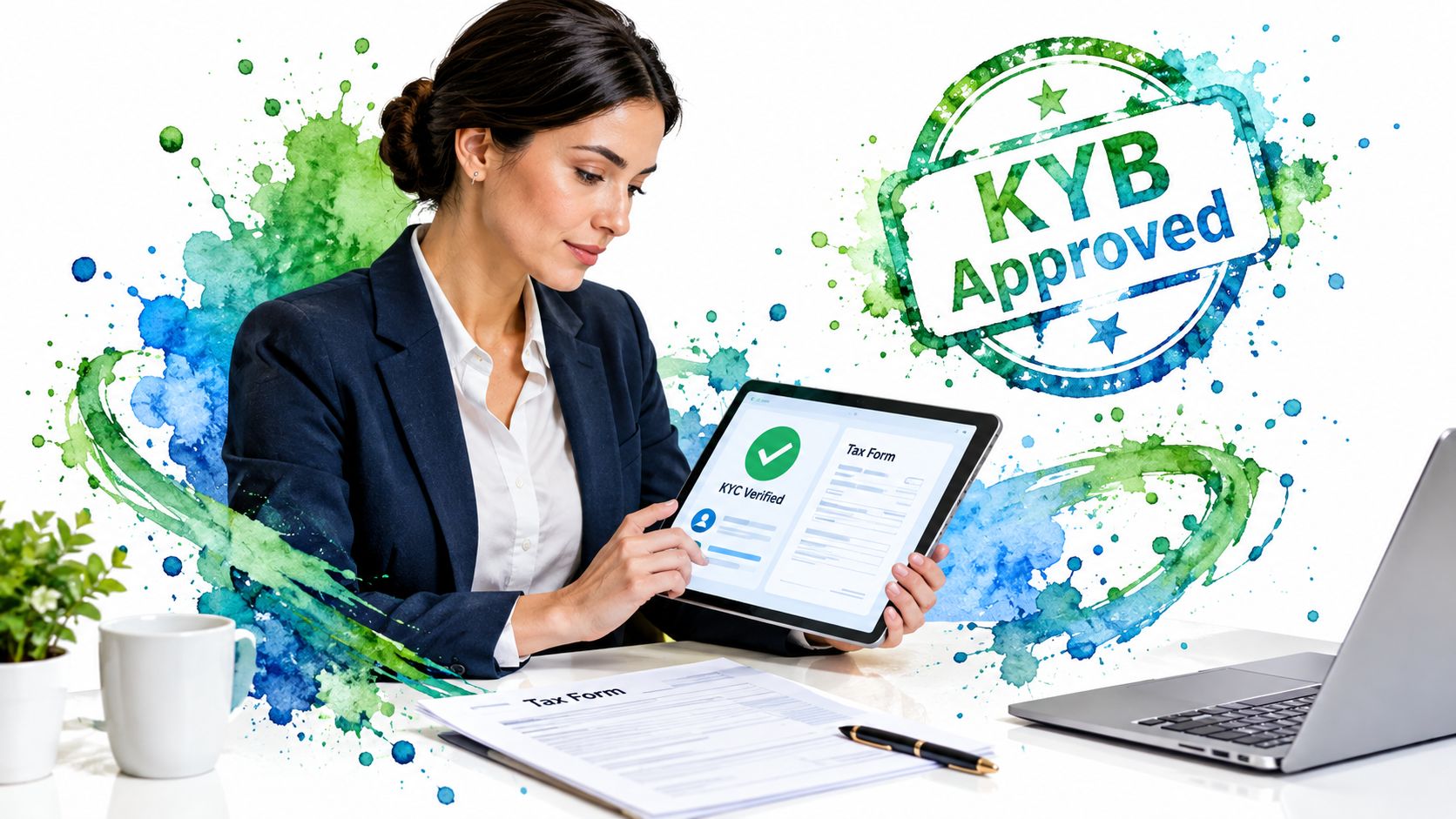 A professional woman in a suit reviews KYC verification and tax forms on a digital tablet.