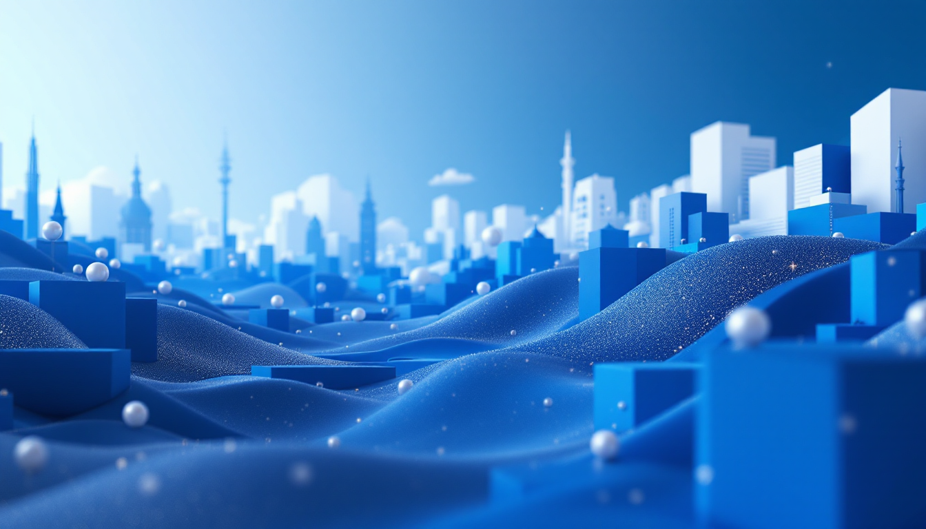 A 3D illustration of tokenized equities, featuring a blue and white gradient and a sleek skyline.
