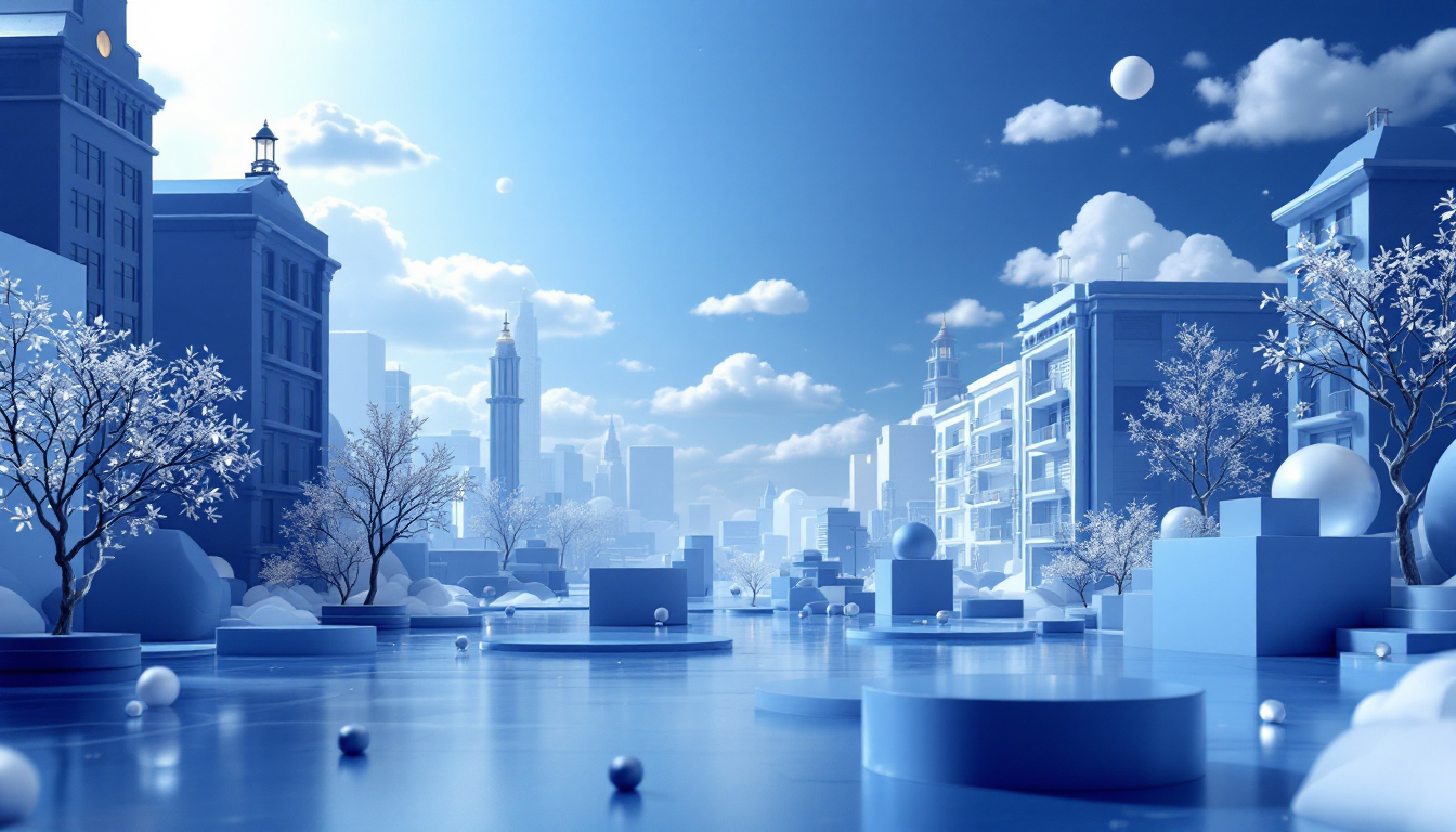 A 3D illustration depicting Cardano's partnership with Mastercard in a futuristic urban setting.
