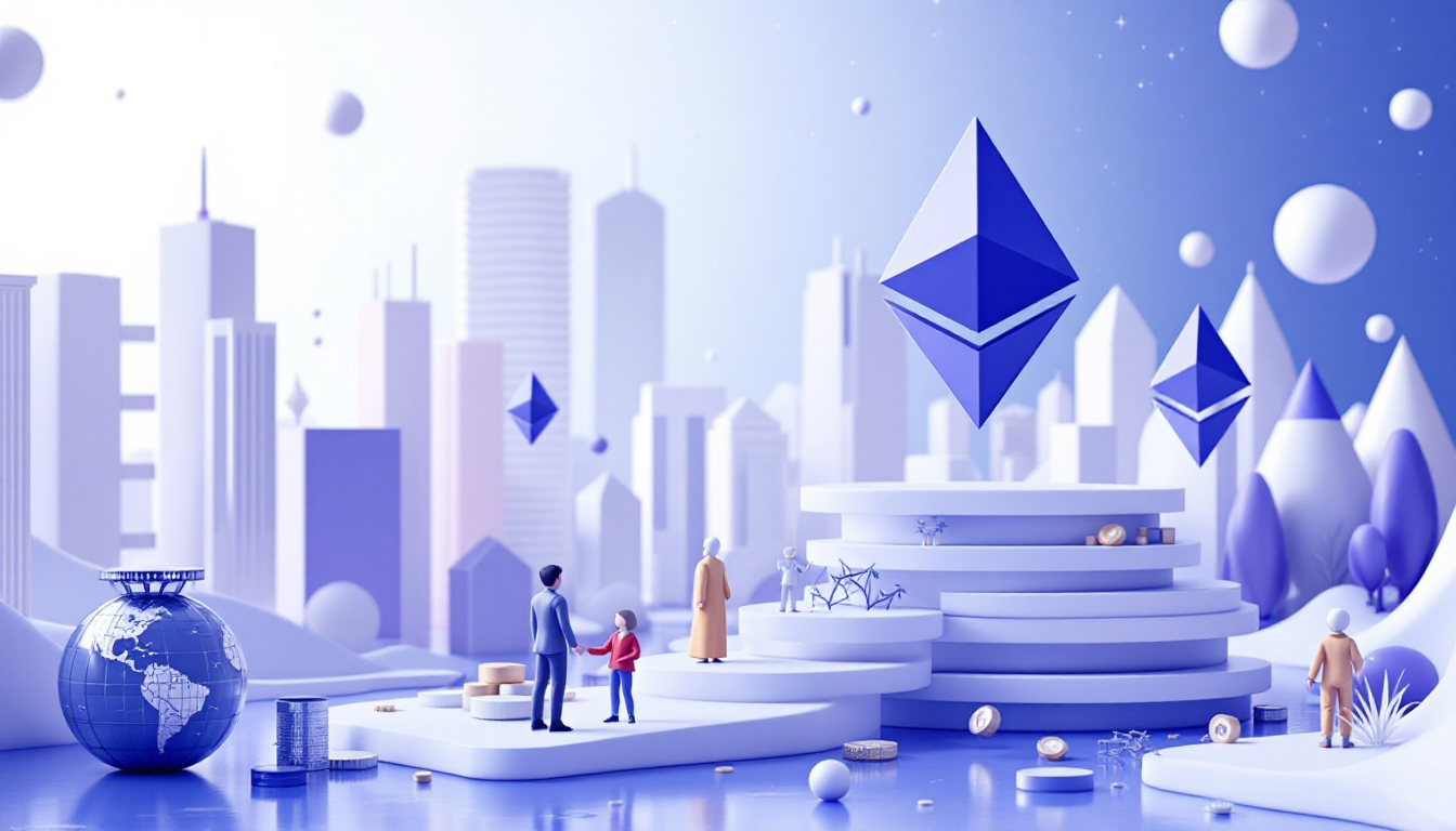 A 3D realistic illustration of Bitmine's Ethereum strategy amid a blue and white gradient backdrop.
