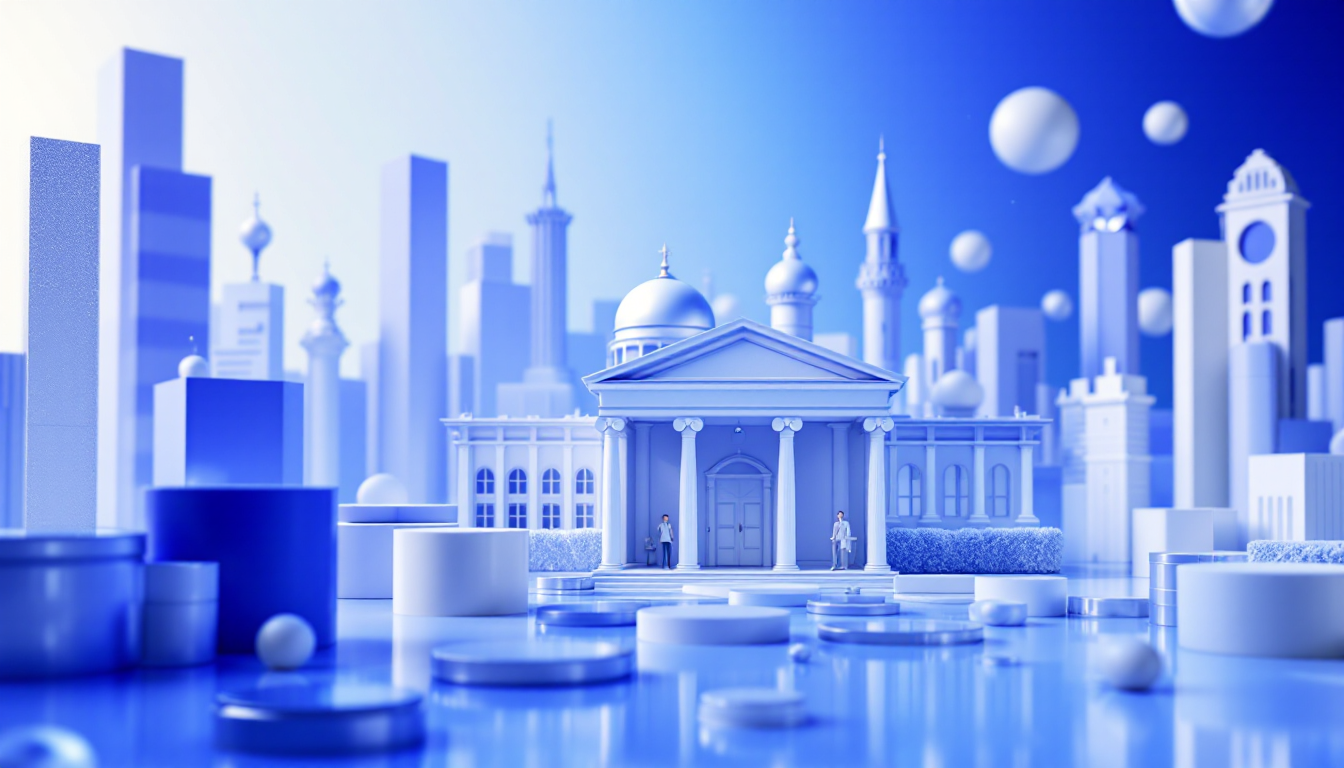 3D illustration of Monero's price surge featuring symbols of finance in a calm urban environment.
