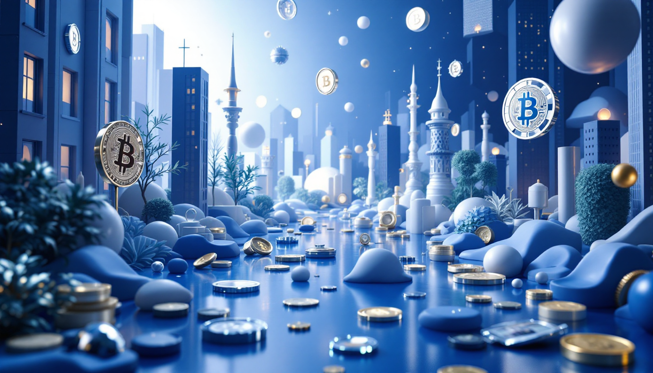 3D illustration of a serene urban scene featuring Bitcoin-backed loans, with blue and white tones.