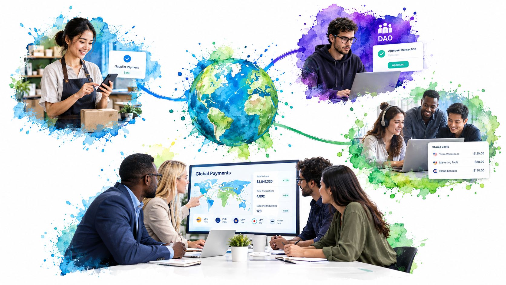 A collaborative team analyzing global digital payment metrics on a screen connected to worldwide business transactions.