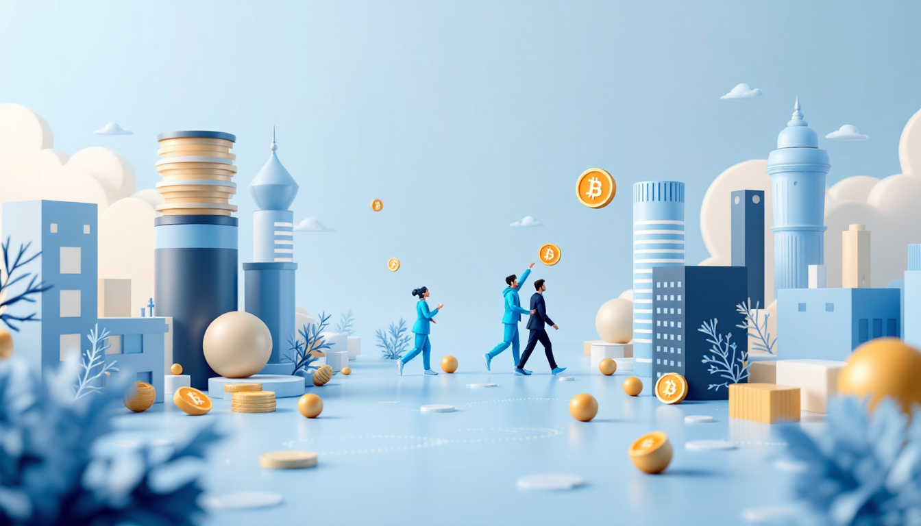 3D illustration of Bitcoin's Q3 surge in a futuristic city with blue and white gradient background.
