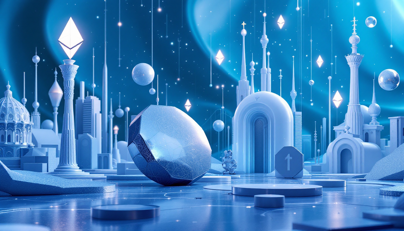 A 3D illustration of Ethereum priced above $2,700 with a calm urban skyline in blue and white tones.