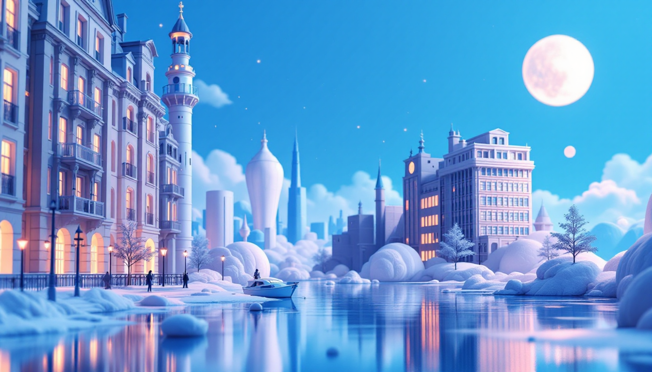 A 3D illustration depicting a soaring Solana price with a blue and white gradient skyline backdrop.