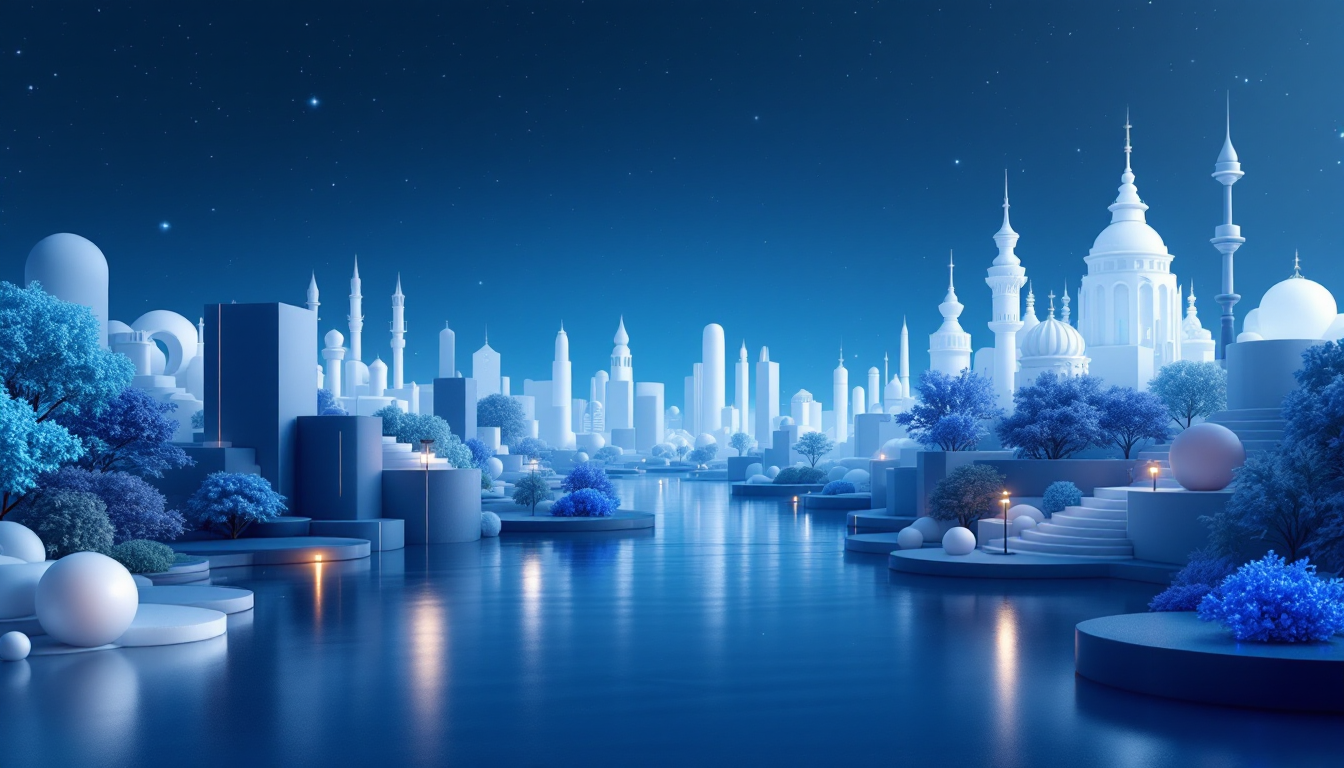 A 3D realistic illustration of Ethereum's rise, featuring a blue to white gradient background.