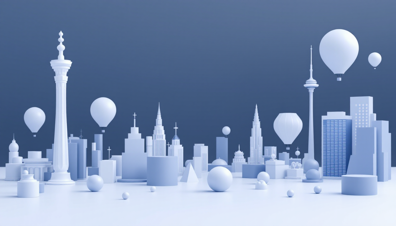 A 3D illustration depicting trends in Cardano, XRP, and Dogecoin with a futuristic urban skyline.