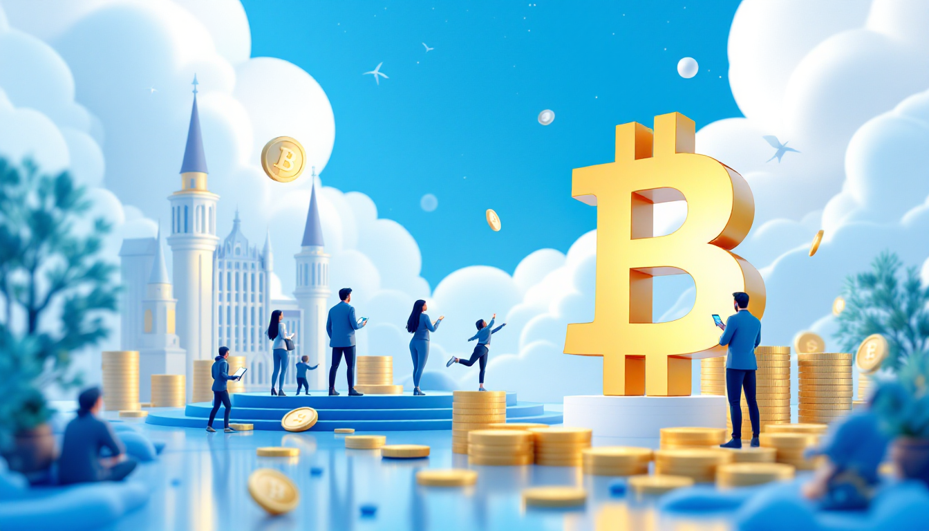 A serene 3D scene featuring Bitcoin ETFs, a futuristic skyline, and vibrant blue and white hues.