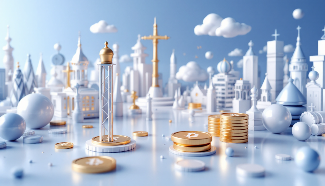 3D illustration of a cryptocurrency security theme with blue and white gradient and urban skyline.