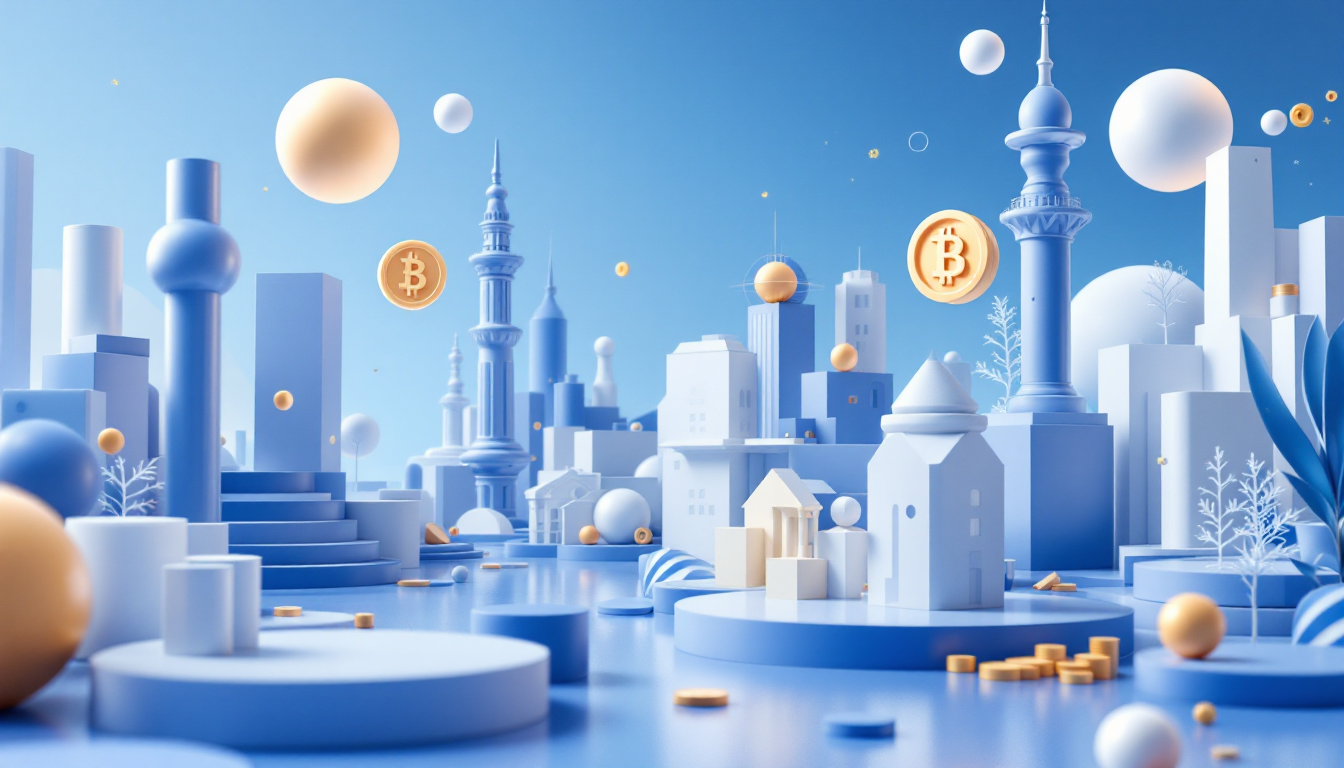 3D illustration depicting Apeing's presale strategy with blue and white gradient, urban skyline.