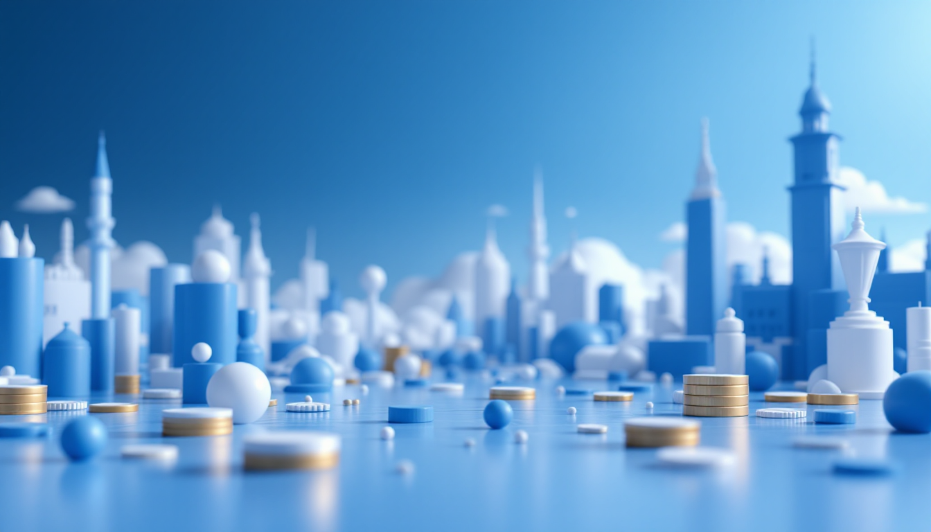A 3D illustration showing XRP's breakout potential with a calm urban skyline, blue-white gradient.