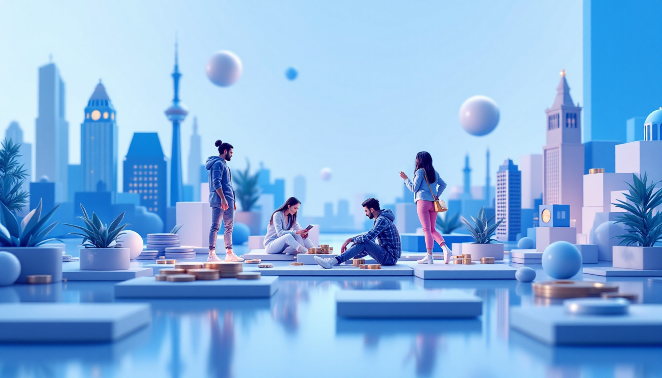 A 3D illustration showing Binance tokenized equities, with a calm urban skyline and blue gradient.