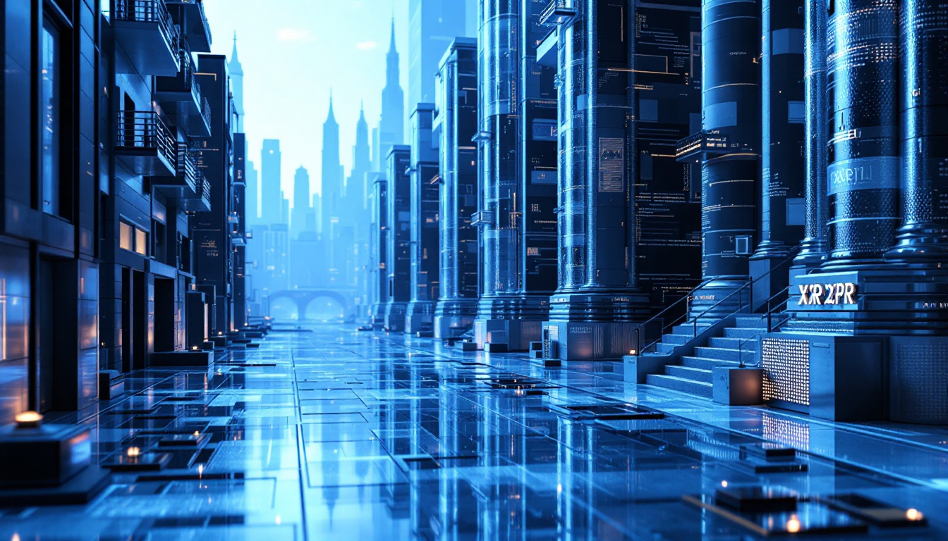 3D illustration of XRP's rise in finance, featuring a blue-white gradient and elegant urban skyline.