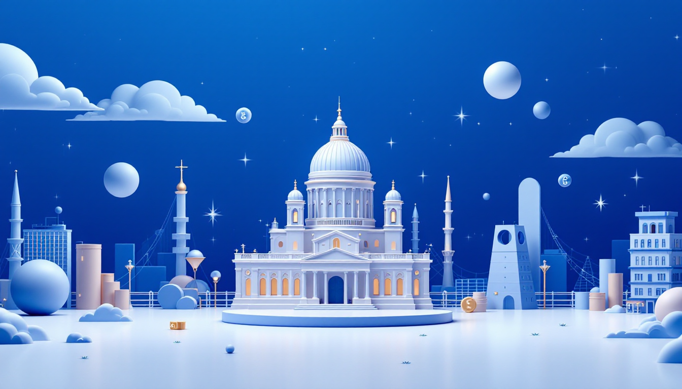 3D illustration of a calm, confident crypto trading scene with blue and white gradient, and skyline.