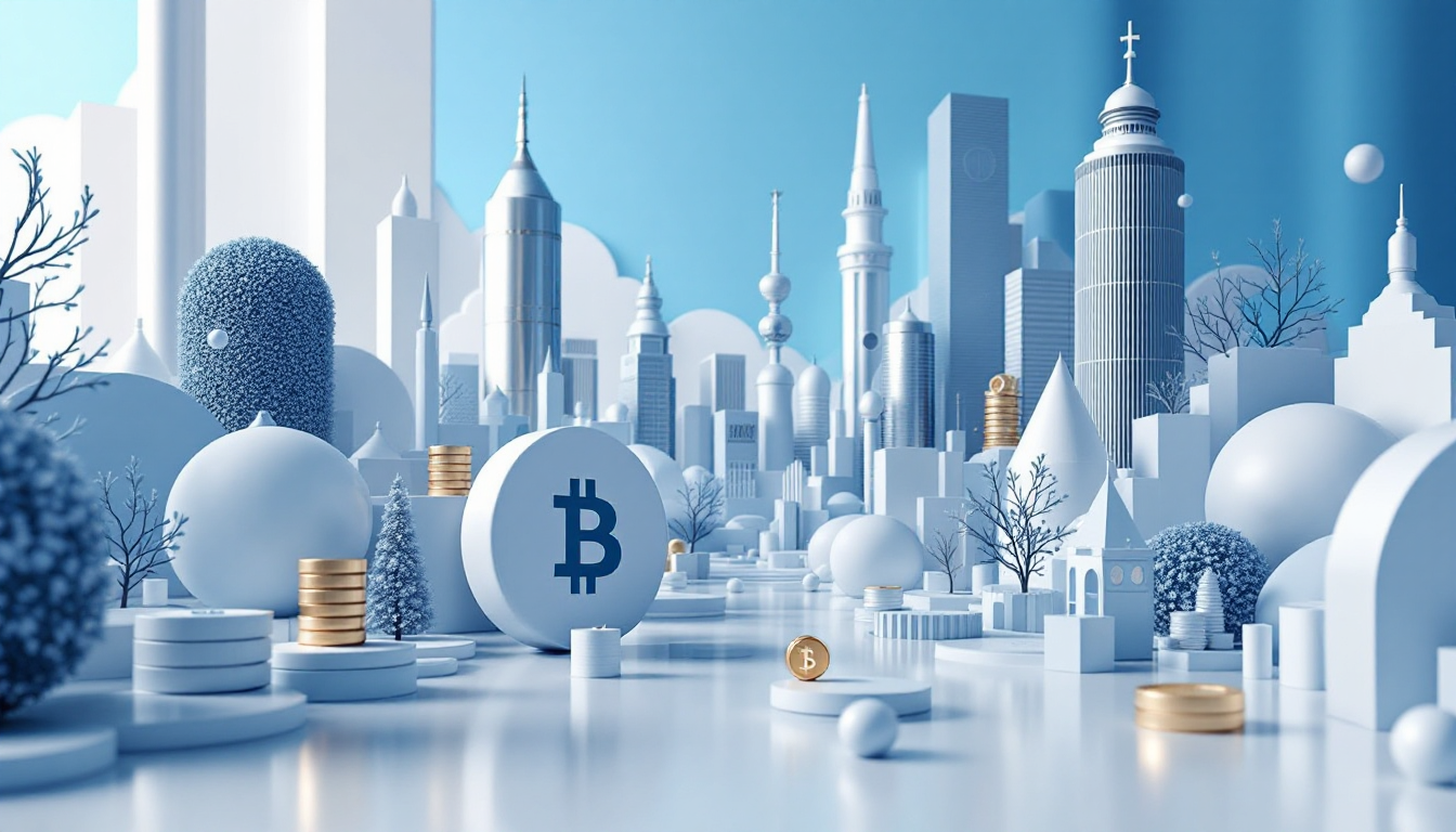A 3D illustration of rising XRP and Solana ETFs, set in a serene urban skyline with smooth textures.