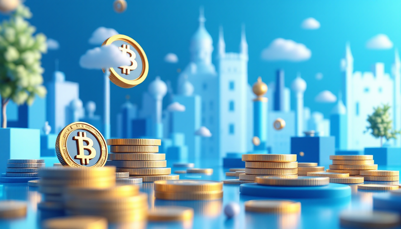 3D illustration of Bitcoin acquisition in a calm urban setting with blue gradient background.