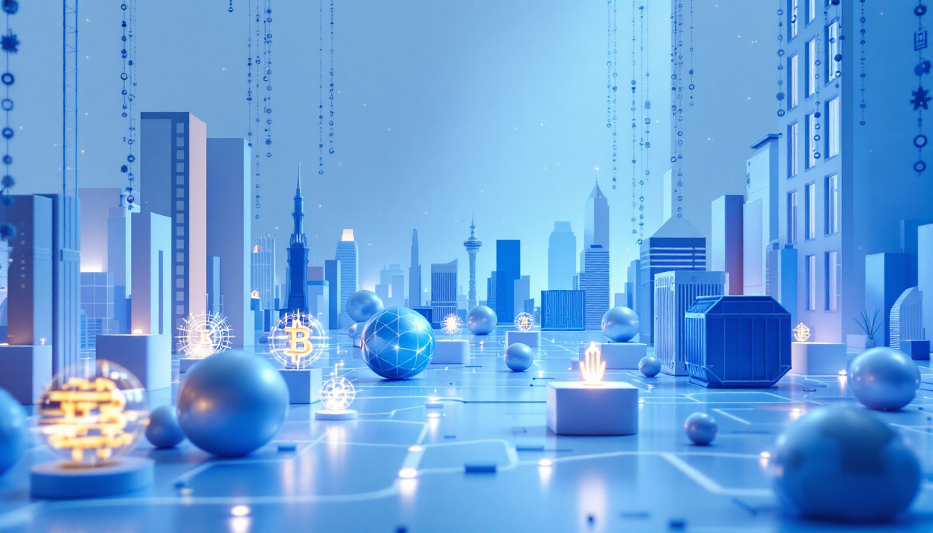 3D illustration of AlgoQuant trading in a futuristic urban setting, featuring blue and white colors.