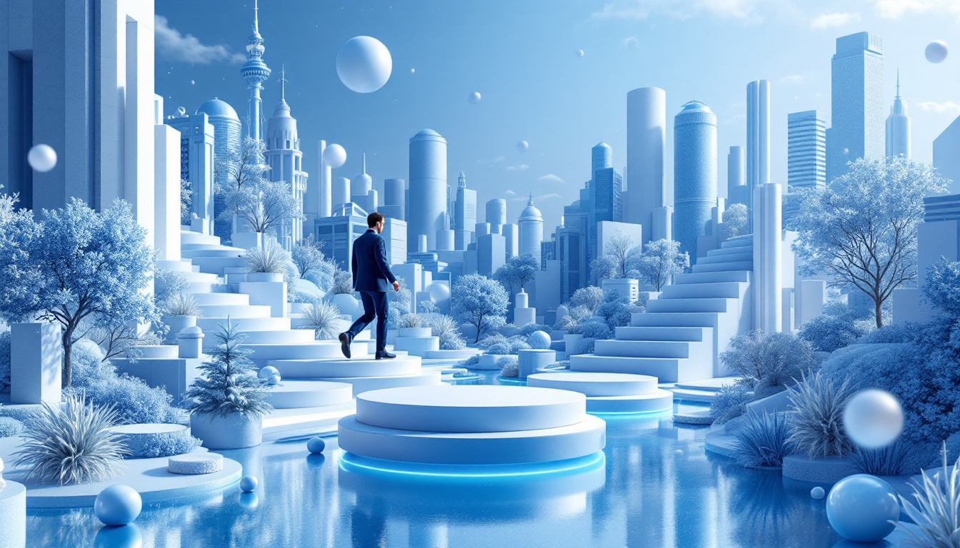 A 3D illustration of Mike Novogratz discussing Bitcoin, set against a blue-white gradient skyline.