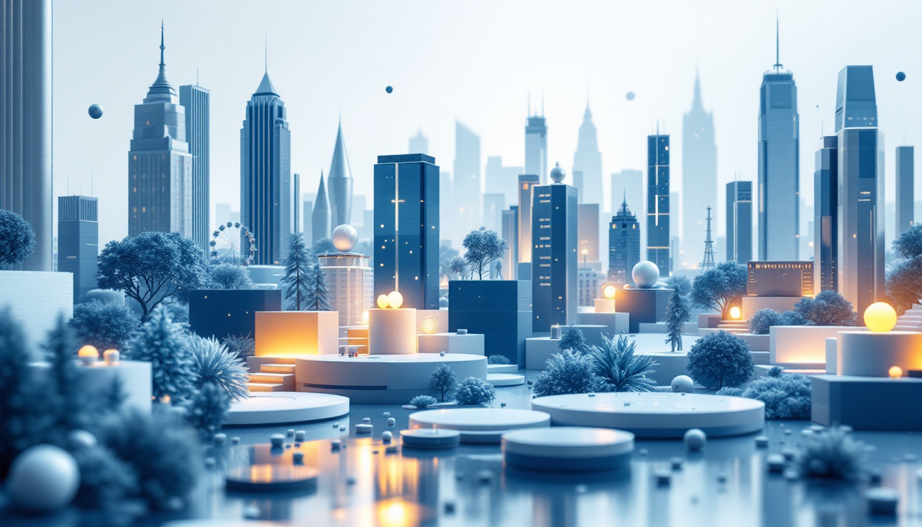 A 3D illustration showing Aptos price analysis with symbolic objects in a futuristic urban setting.
