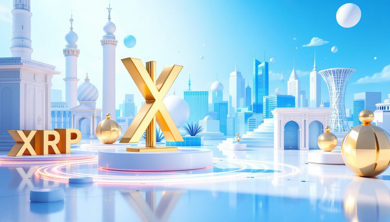 3D realistic illustration showcasing XRP price forecast with a blue and white gradient background.