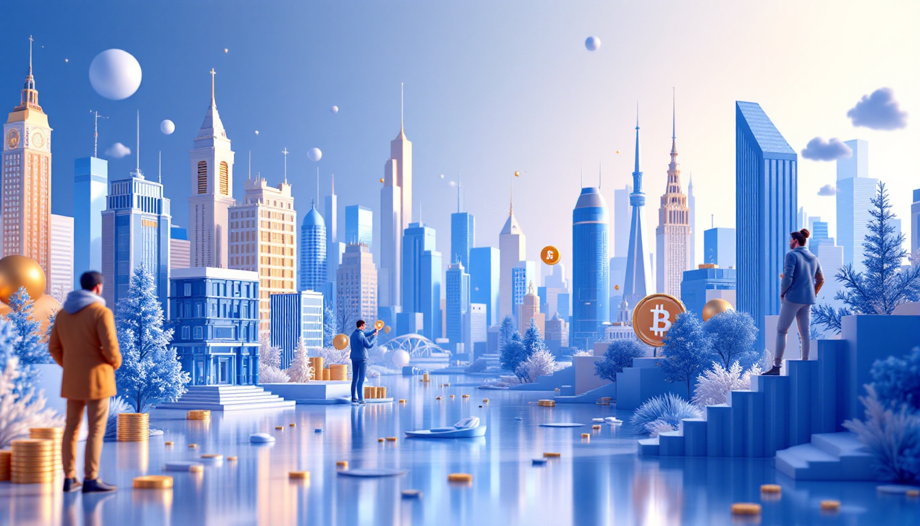 A 3D illustration depicting Bitcoin at $84,000 amid a futuristic urban skyline in calming colors.
