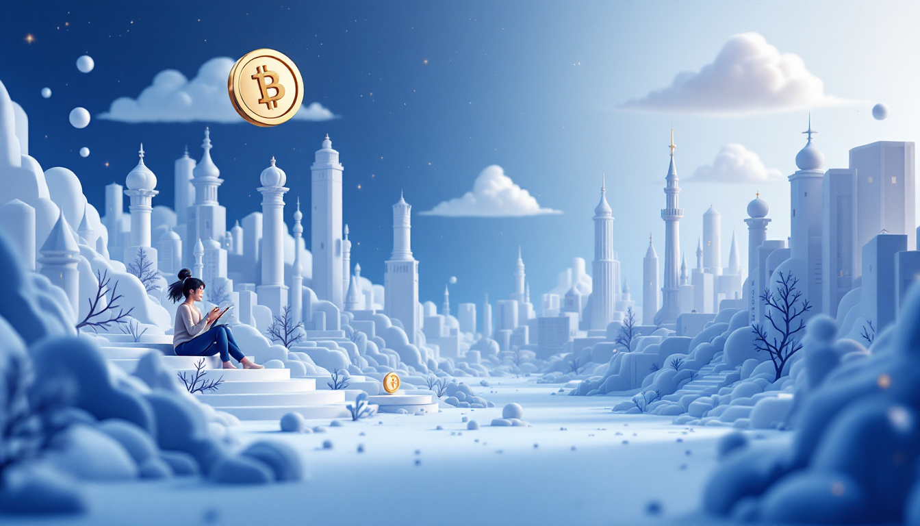 A 3D illustration depicting Illinois' future cryptocurrency tax regulations with urban elements.