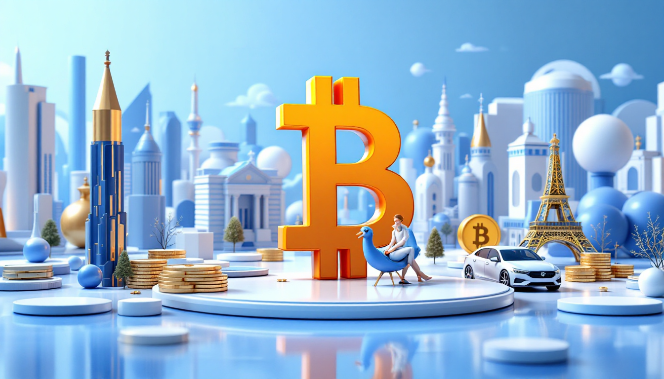 A 3D realistic scene depicting Illinois' digital asset tax on stablecoins with an elegant skyline.