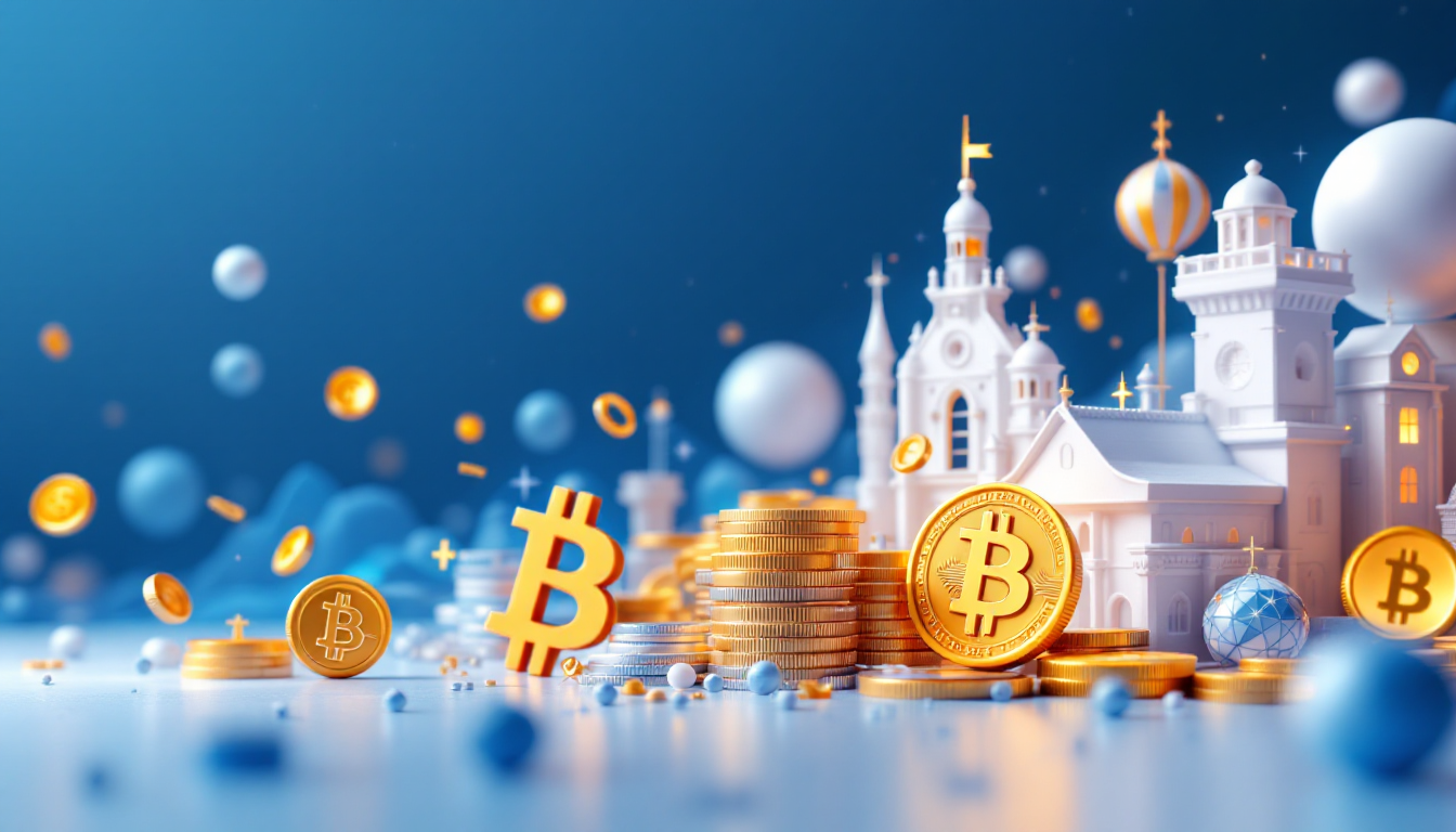 A 3D illustration of Bitcoin wallet trends with blue and white gradient, showcasing urban skyline.