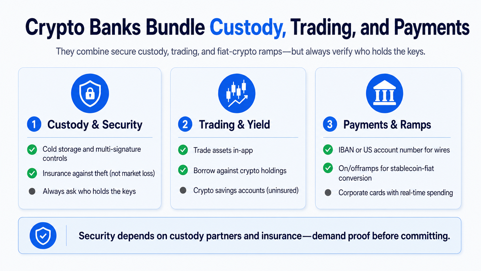 Diagram illustrating the three core functions of a crypto bank: custody and security, trading and yield, and payments and fiat ramps.