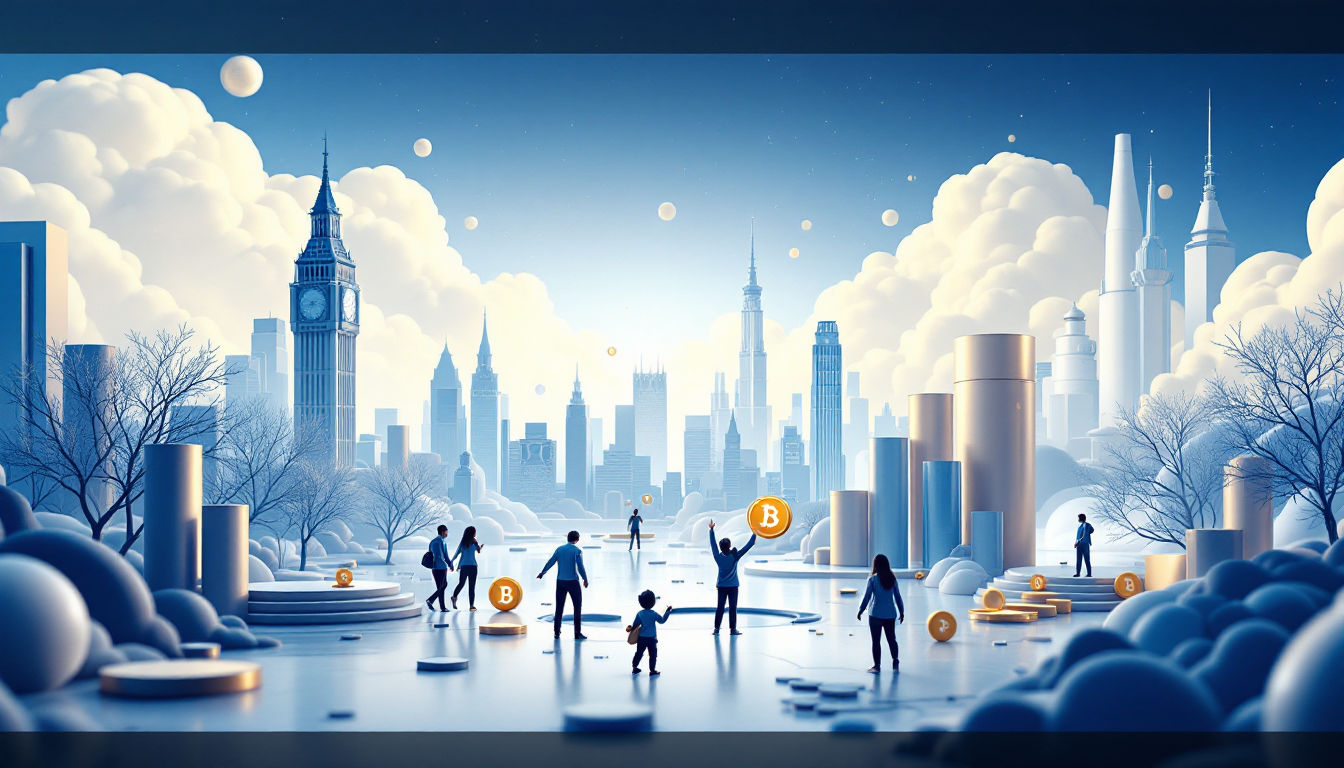 3D realistic illustration of DogeOS and Dogecoin theme with blue to white gradient urban background.