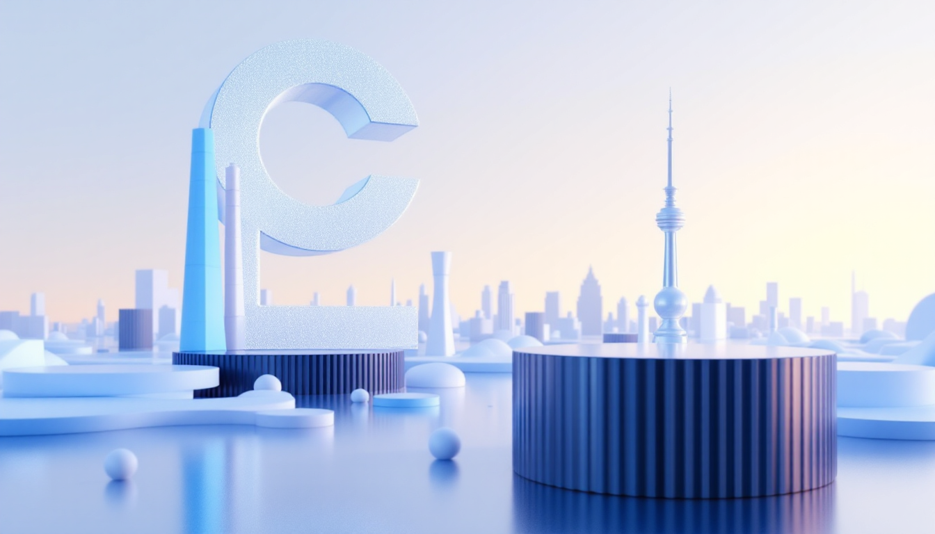 3D illustration of Evernorth's Nasdaq debut with blue-white gradient and futuristic city skyline.