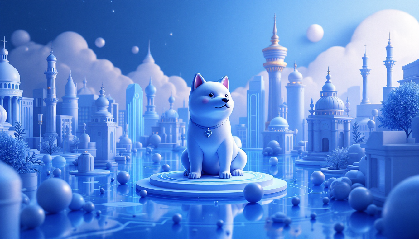 A 3D illustration of a Shiba Inu amid fluctuating market elements in a calm, futuristic urban scene.