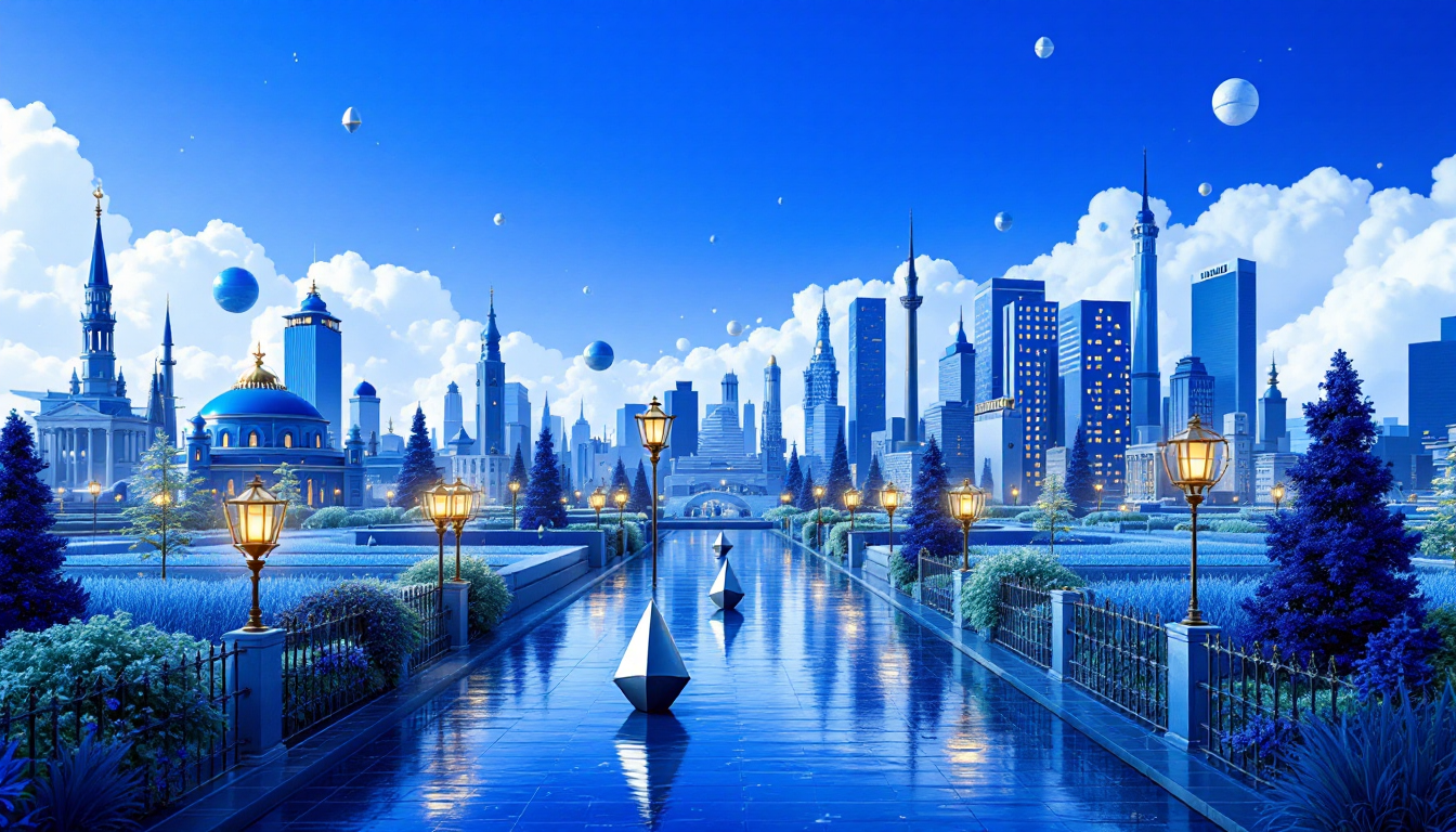 3D illustration of Ethereum's exit queue with a blue and white gradient, minimalist urban skyline.