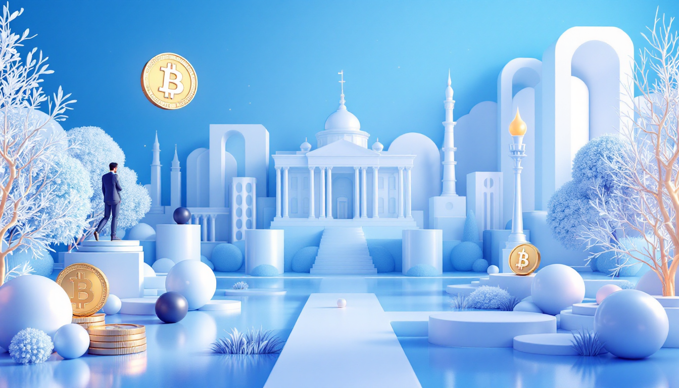 A 3D illustration depicting Bitcoin, Ethereum, XRP, and Solana in a calm, futuristic urban setting.