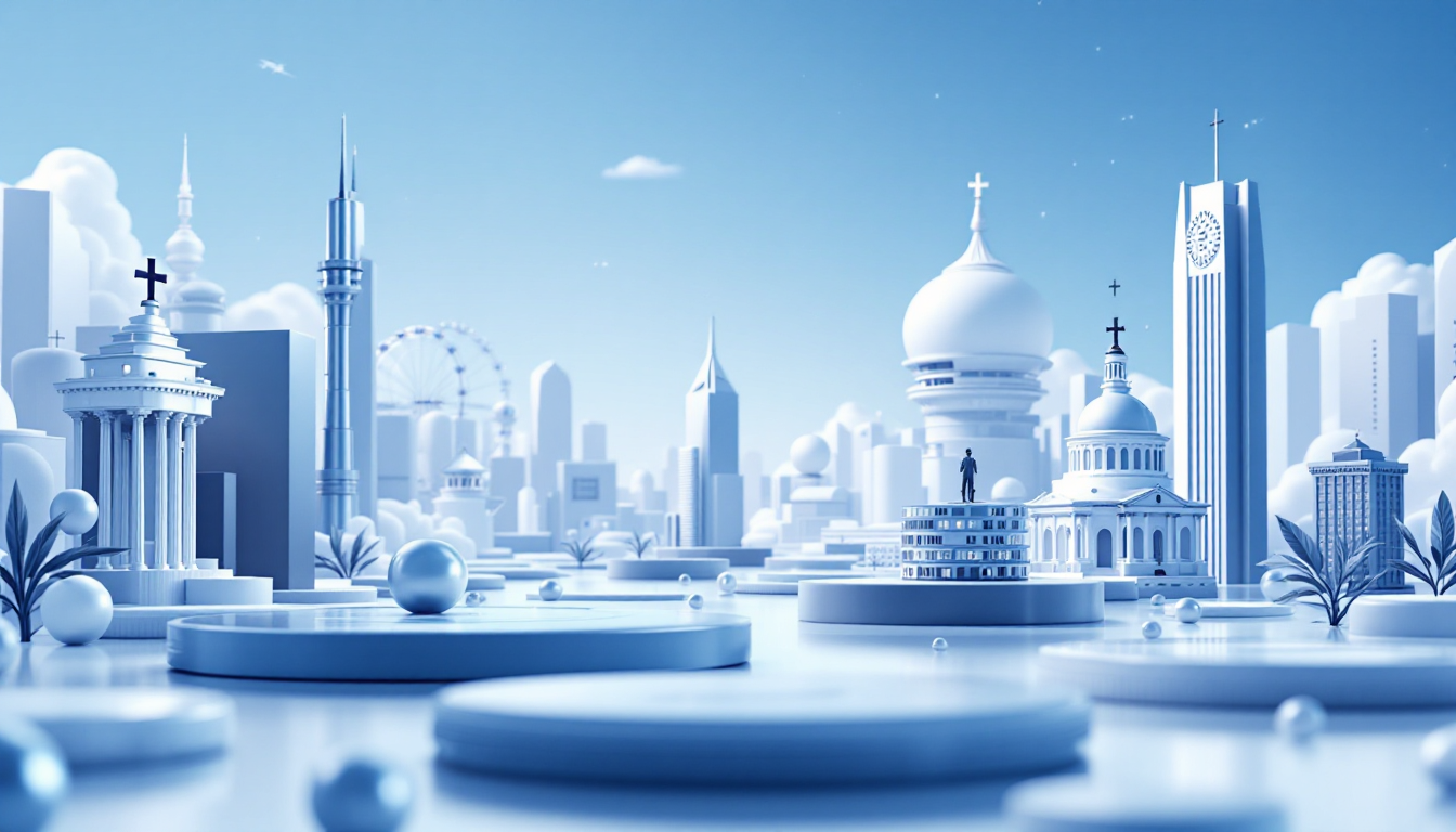 3D illustration depicting Chainlink's ETF inflows with a blue-white gradient urban skyline backdrop.