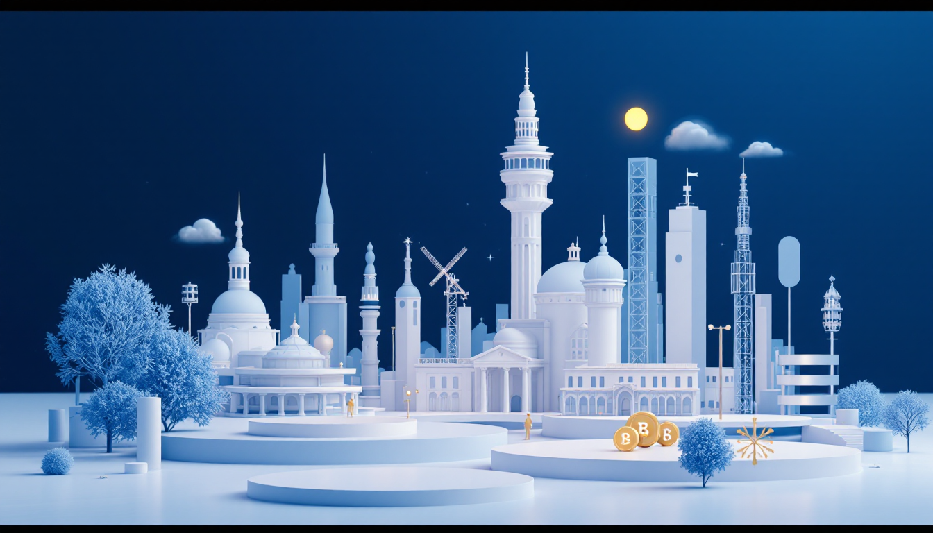 A 3D illustration depicting OpenPayd's IPO with a futuristic urban skyline and soft neon lighting.