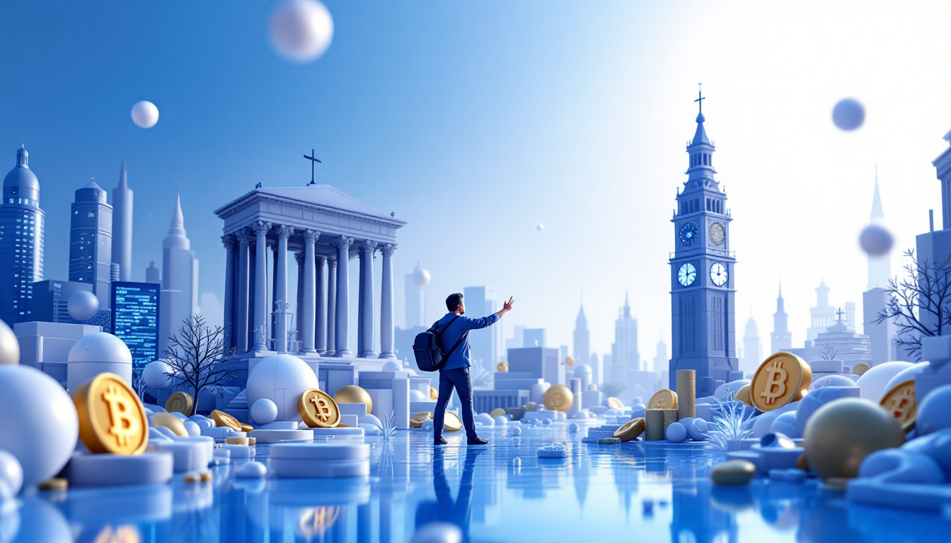 A 3D illustration depicting IEX options trading, featuring symbolic objects in a futuristic skyline.