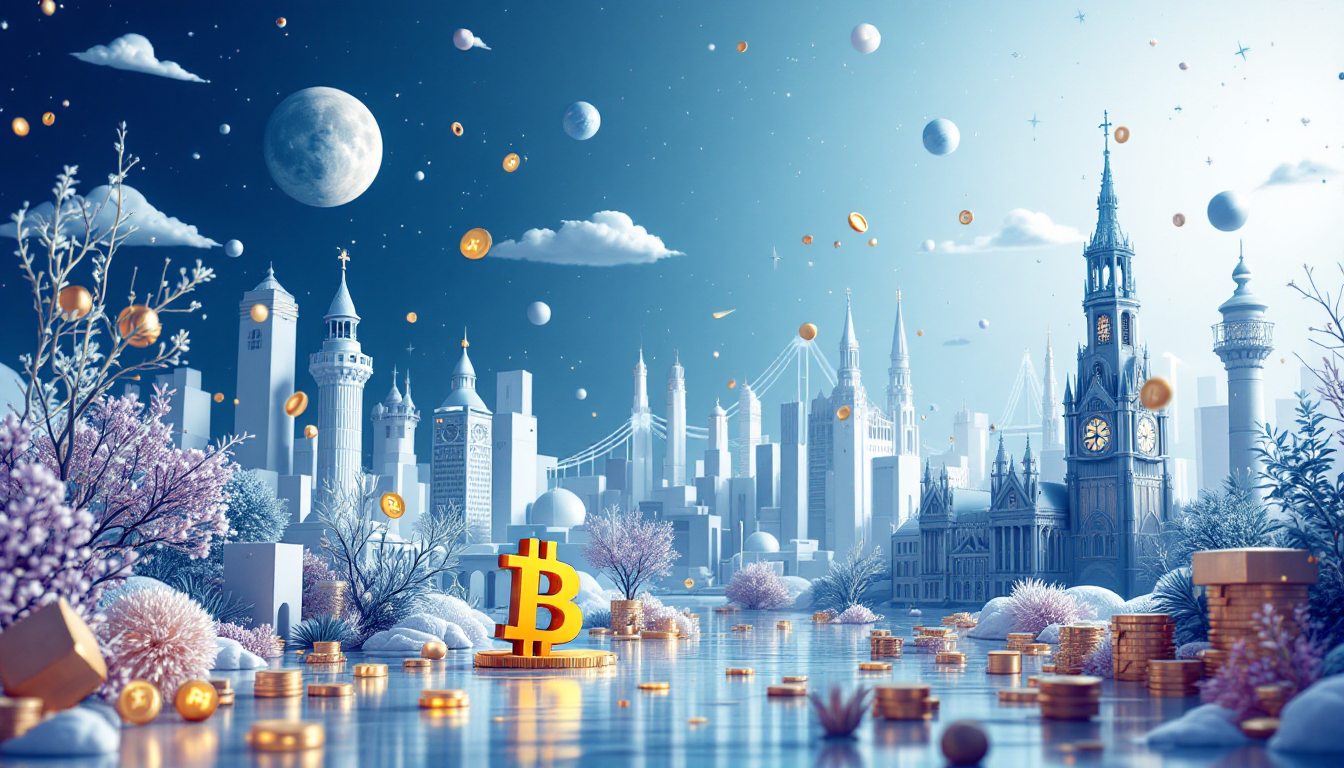 3D illustration of a calm crypto market scene featuring Bitcoin, Ethereum, XRP, and Solana symbols.