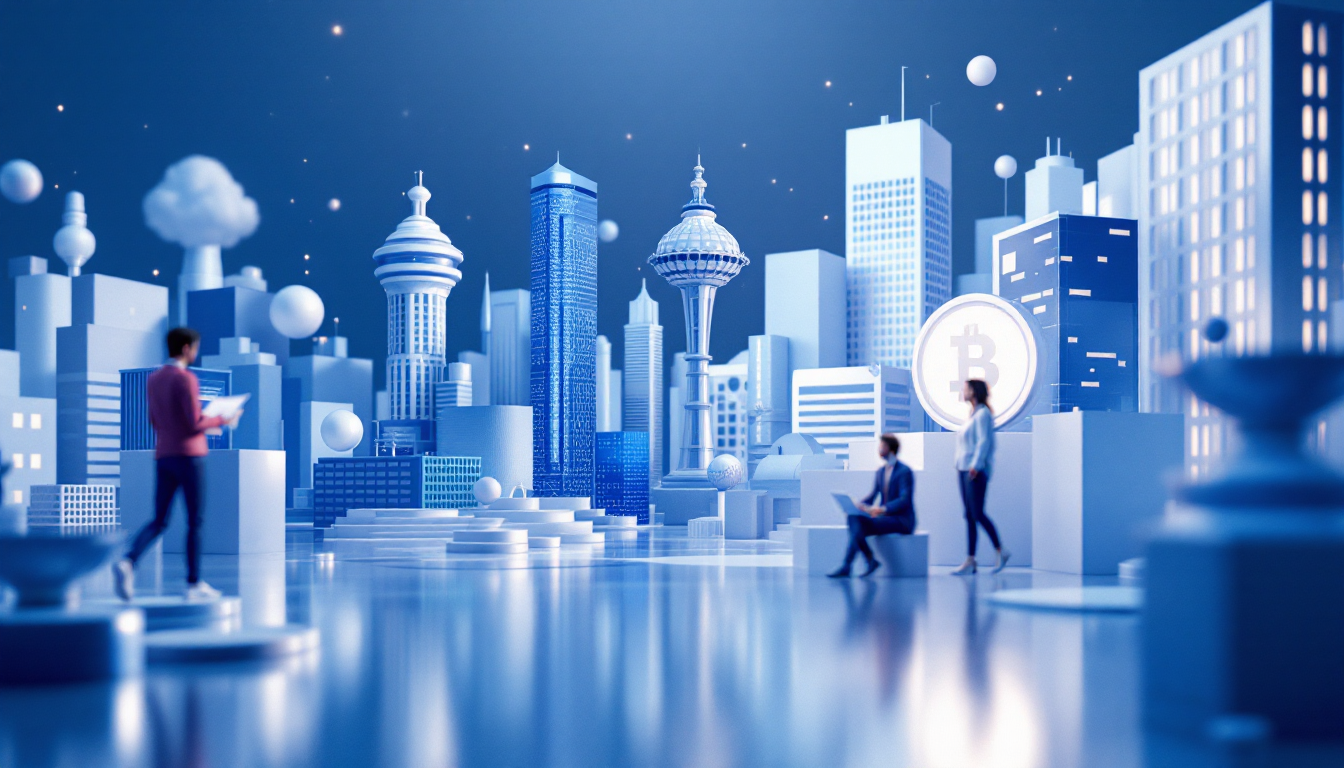 A 3D illustration of a risk framework for on-chain lending, set in a futuristic urban landscape.
