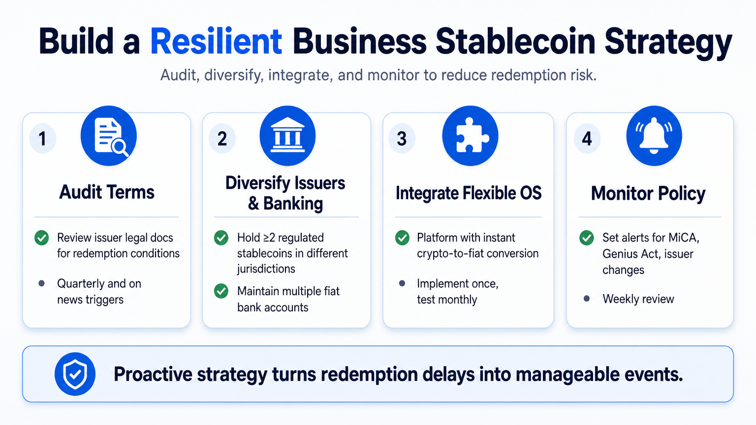 Infographic with four cards outlining a resilient business stablecoin strategy after MiCA regulation changes: audit issuer terms, diversify issuers and banking, integrate a flexible financial OS, and monitor policy.