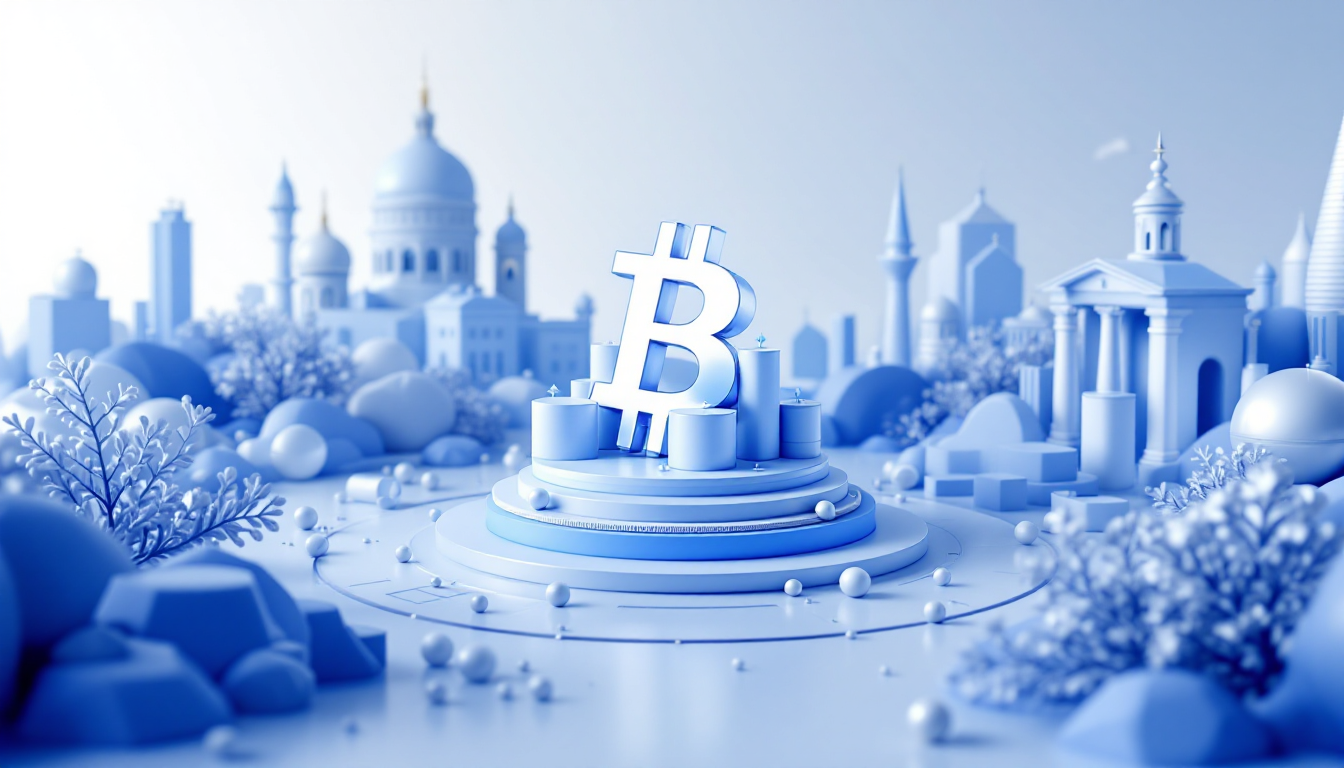 A 3D illustration of Bitcoin's ATH at $126,210, featuring a calm blue to white gradient and skyline.