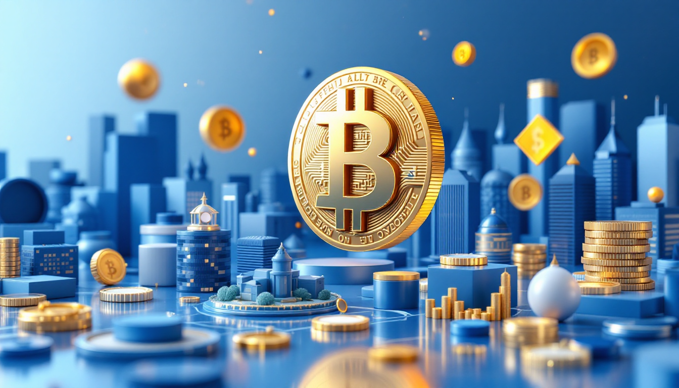 3D illustration of Bitcoin trading dynamics, featuring a blue gradient background and urban skyline.