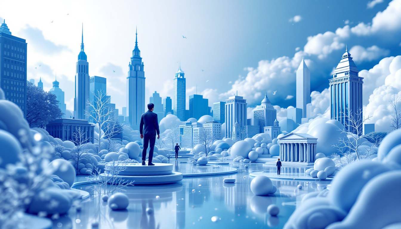 A 3D illustration of Winklevoss Asset Services Zcash ETF, featuring a blue and white skyline.