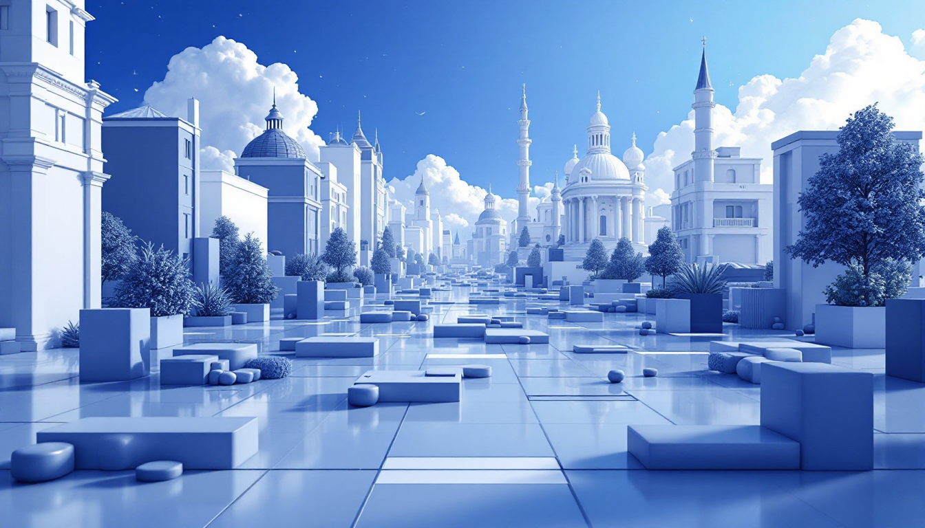 A 3D realistic illustration depicting Mantle's price drop, featuring a blue-white gradient skyline.