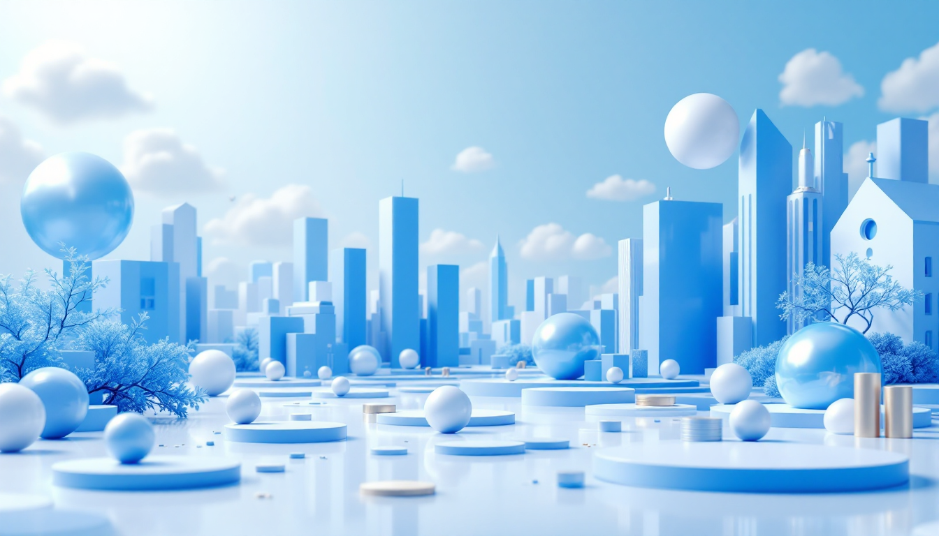 3D illustration analyzing Bitcoin, XRP, and Cardano's market trends in a calm urban environment.